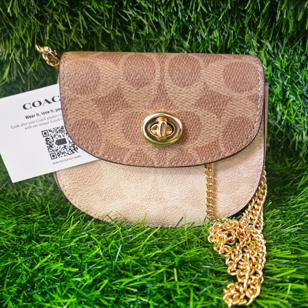 Coach Tan and Brown Signature Crossbody Bag with Gold Accents
